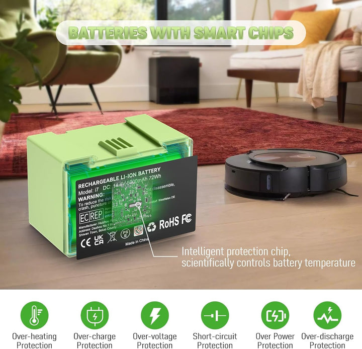 5000mAh (72Wh) 14,4V i7 Ersatzakku für iRobot Roomba i7 i7+ i3 i3+ i4 i4+ e5 e6, Hochkapazität Lithi