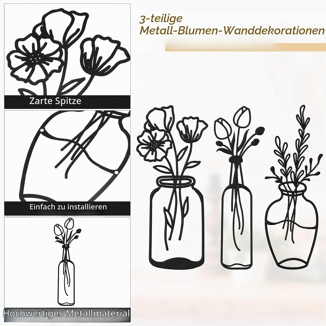 3 Stück Metall Blume Wanddekor Minimalistische Vase Wandkunst Schwarze Tulpe Draht Eisen Dekor Blume