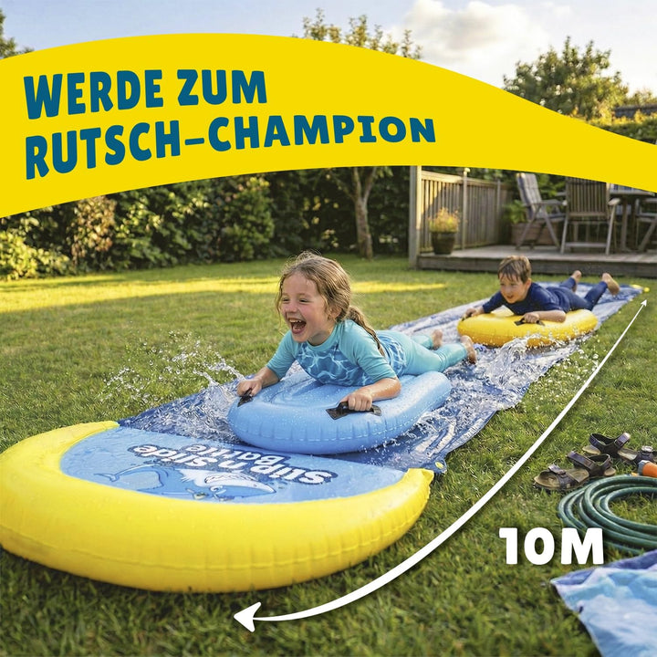 Slipn'Slide® 10 Meter XXL Pack | 1 Doppelspur Wasserrutschmatte 10 Meter + 2 Bodyboards + 1 Extra-Ru