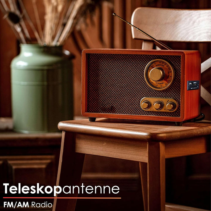 Nostalgie Kompaktanlage | Radio Holz mit Bluetooth | USB | SD Karten Slot | FM/AM | Musikanlage Retr