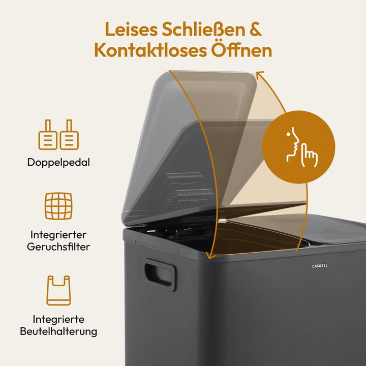 CASABEL Mülleimer Küche mit 2 Fächern, 2x15L, Tretmülleimer aus 100% Edelstahl, fingerabdruckresiste