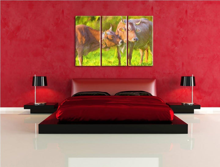Kuhbullen auf Weide Spezial 3-Teiler Leinwandbild 120x80 Bild auf Leinwand, XXL riesige Bilder ferti