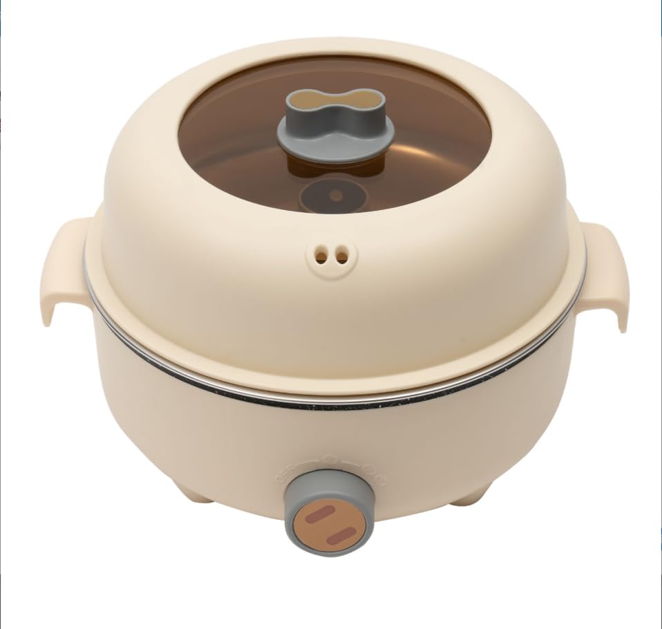 1.5L Elektrischer Hot Pot, Mini Multikocher mit Deckel, Khaki Dampfgarer