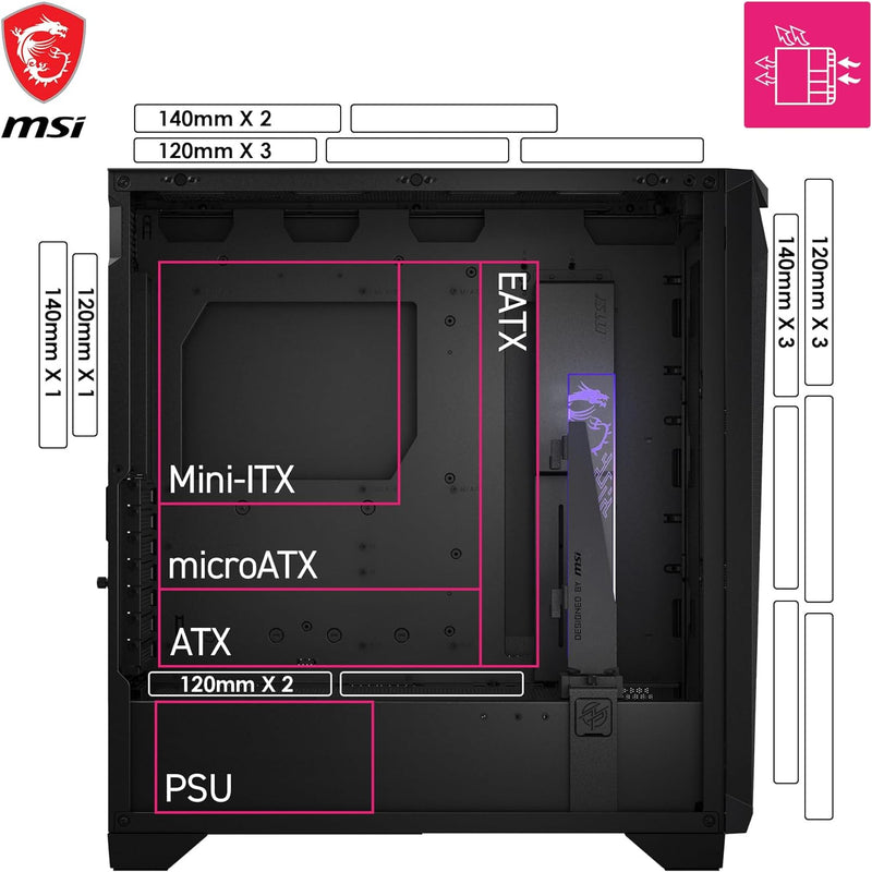 MSI MPG GUNGNIR 300R Airflow Mid-Tower PC-Gehäuse - E-ATX Unterstützung, Grafikkartenständer, schalt