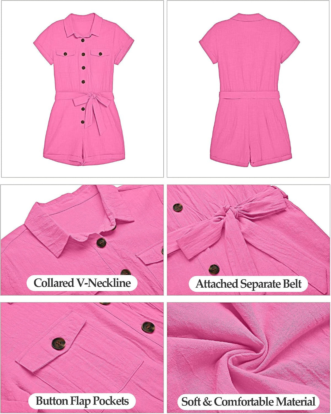 Roskiky Damen Sommer Taschen Gürtel Strampler Knopf Kurzarm Jumpsuit Playsuit XL Aurora Pink, XL Aur