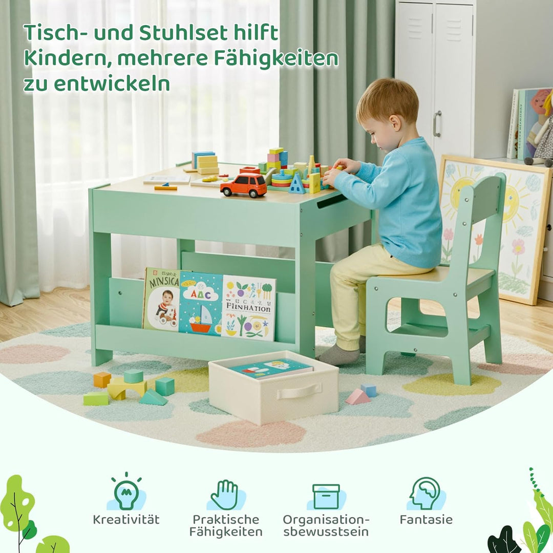 MAMIZO Kindertisch mit 2 Stühlen, 3 in 1 Kinder Tisch Stuhl Set, Kindermöbel Set aus Holz mit Staura
