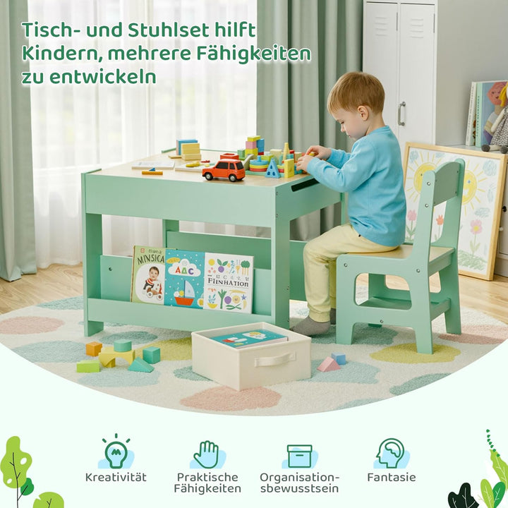 MAMIZO Kindertisch mit 2 Stühlen, 3 in 1 Kinder Tisch Stuhl Set, Kindermöbel Set aus Holz mit Staura