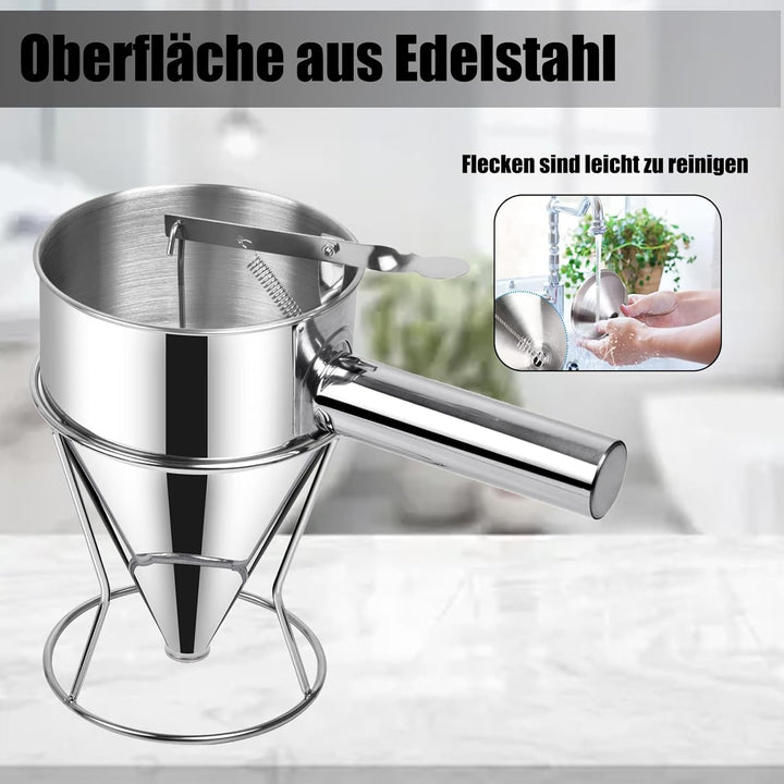 Pfannkuchen Teigspender, 600ml Pfannkuchen Teigspender Teigportionierer Edelstahl, Backtrichter Kolb