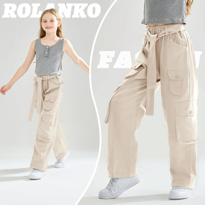 Rolanko Mädchen Baggy Cargo Hose, Elastisch Hohe Taille Gerade Weites Bein Streetwear Hose mit Mehre