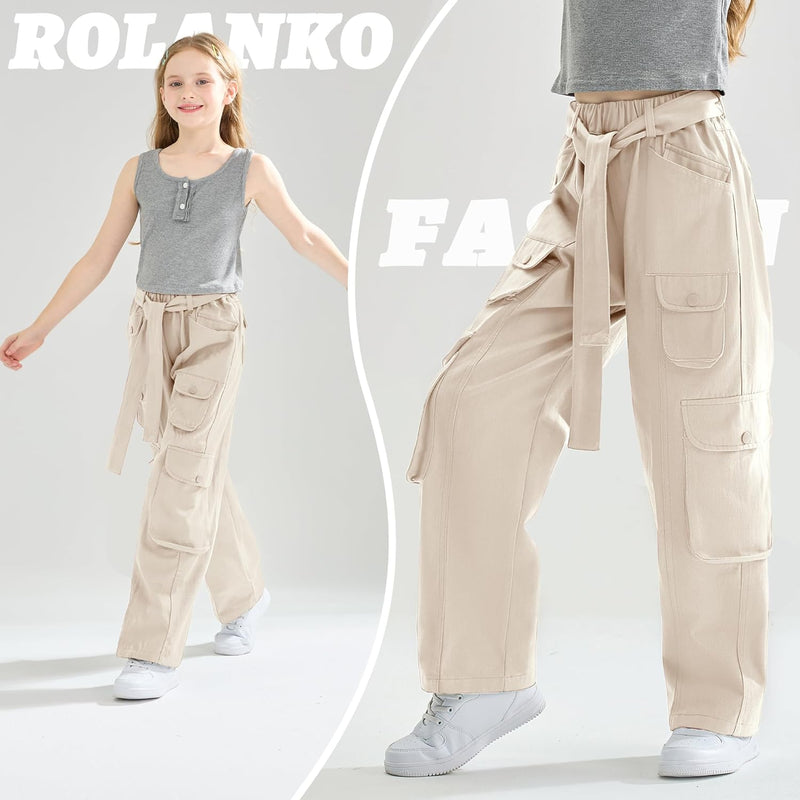 Rolanko Mädchen Baggy Cargo Hose, Elastisch Hohe Taille Gerade Weites Bein Streetwear Hose mit Mehre