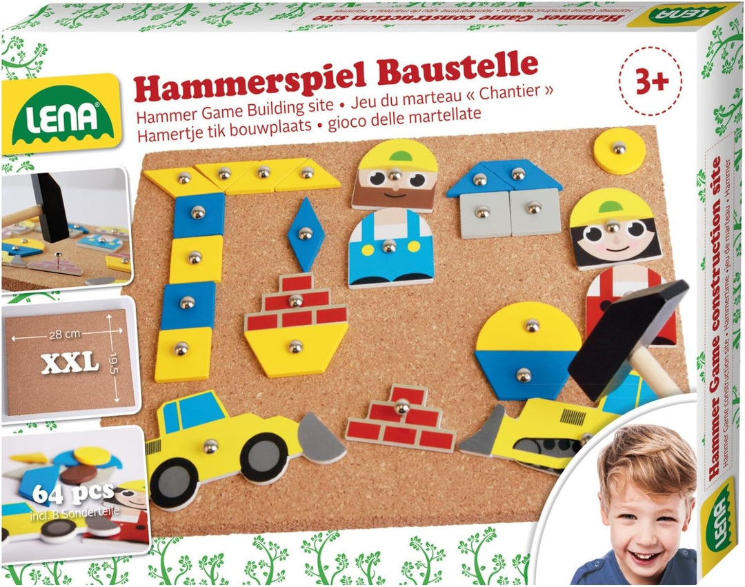 Lena 65828 Hammerspiel, Nagelspiel mit 64 bunten 8 Baustellen Teilen, ca. 28 x 19,5 cm & Hammerspiel