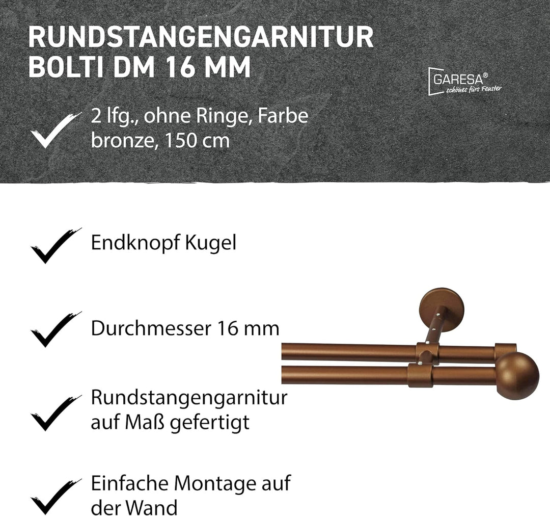 Garesa Gardinenstange Bolti Ø 16mm, 2-läufig, Bronze I Stabile Vorhangstange ohne Ringe I Mit Endkno