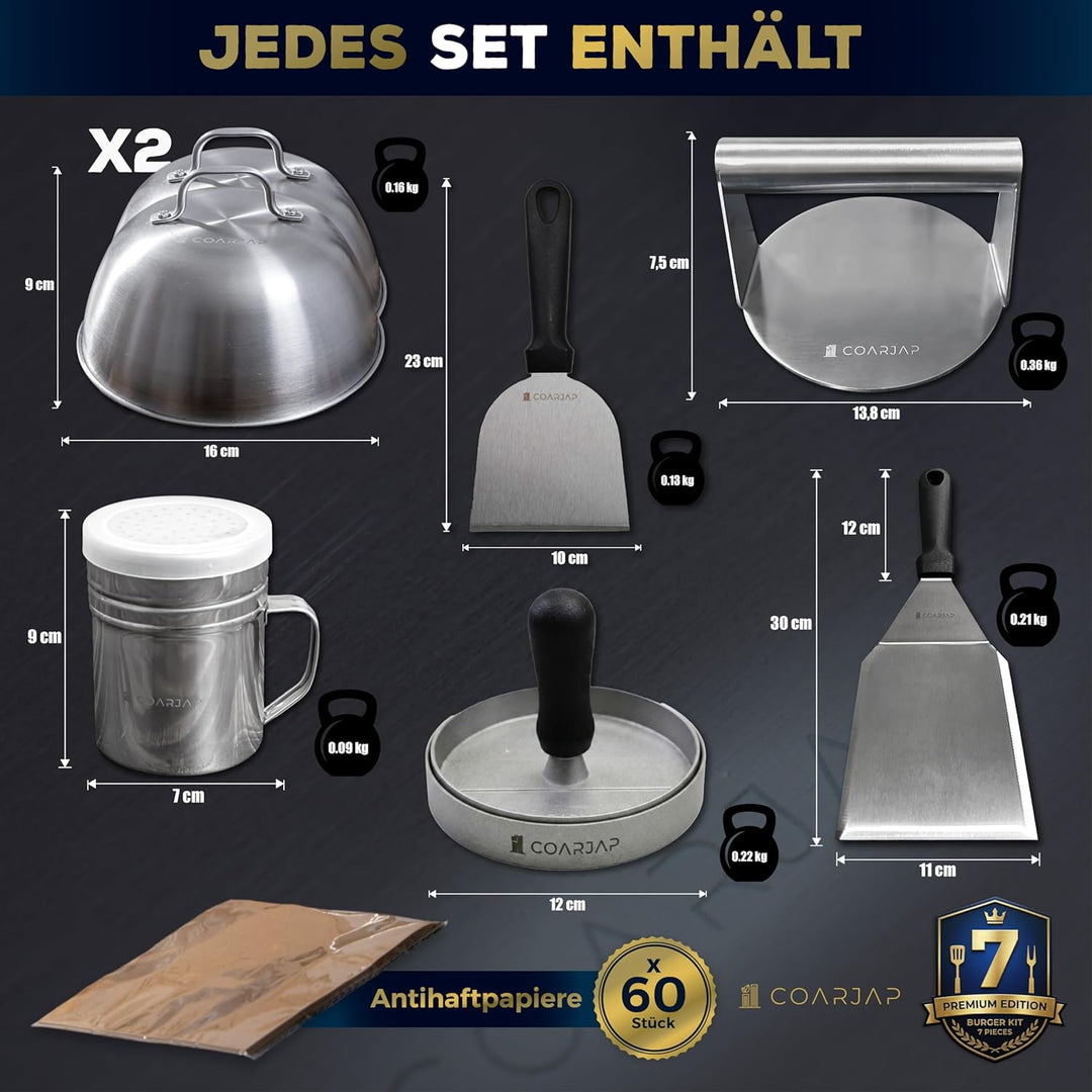 Smash Burger Set Premium 7-teilig – Burgerpresse, Grillspachtel & Scraper, 2 Burgerglocken, Gewürzst