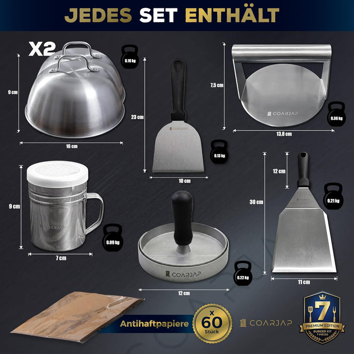 Smash Burger Set Premium 7-teilig – Burgerpresse, Grillspachtel & Scraper, 2 Burgerglocken, Gewürzst