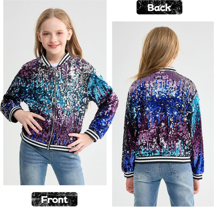LOLANTA Mädchen Pailletten Bomberjacke mit Taschen Reissverschluss Langarm Glitzer Baseball Jacken f