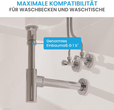 Bächlein Design Siphon Universal für Waschbecken & Waschtisch - Abflussgarnitur passgenau - Geruchsv