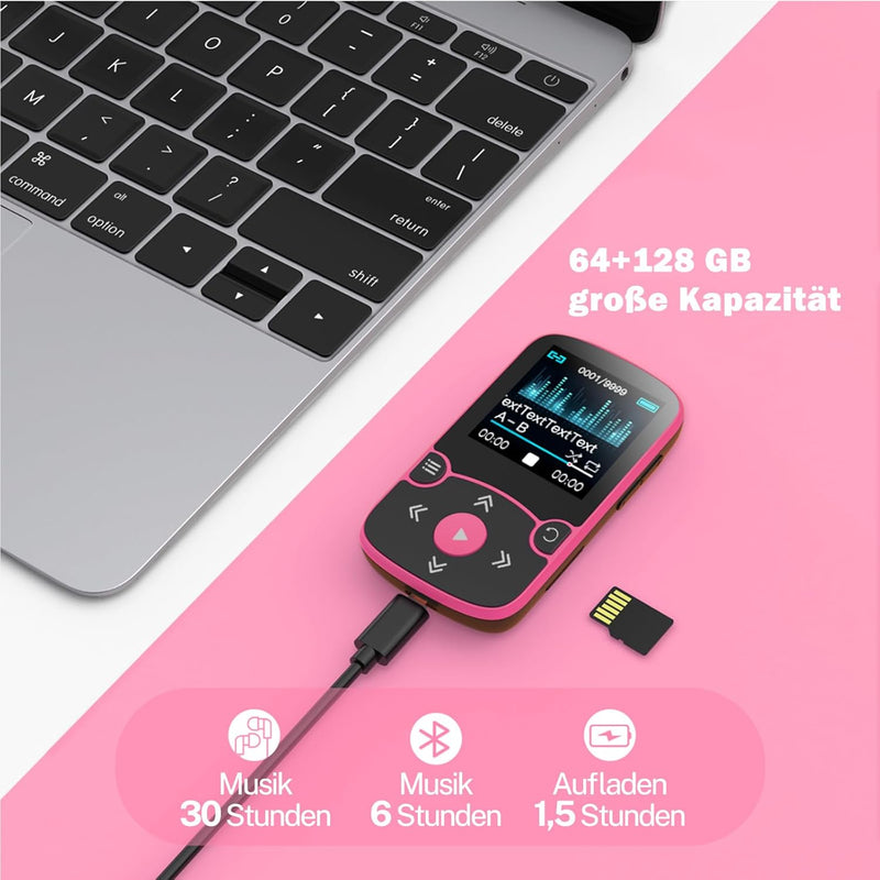 AGPTEK MP3 Player Bluetooth 5.3 Sport 64GB mit 1,5 Zoll TFT Farbbildschirm, Mini Musik Player mit Cl