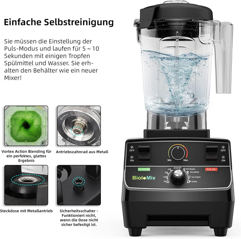 BioloMix Hochleistungsmixer 2200W,Selbstreinigungsfunktion,Standmixer 2L Behälter und 600ml Reisebec