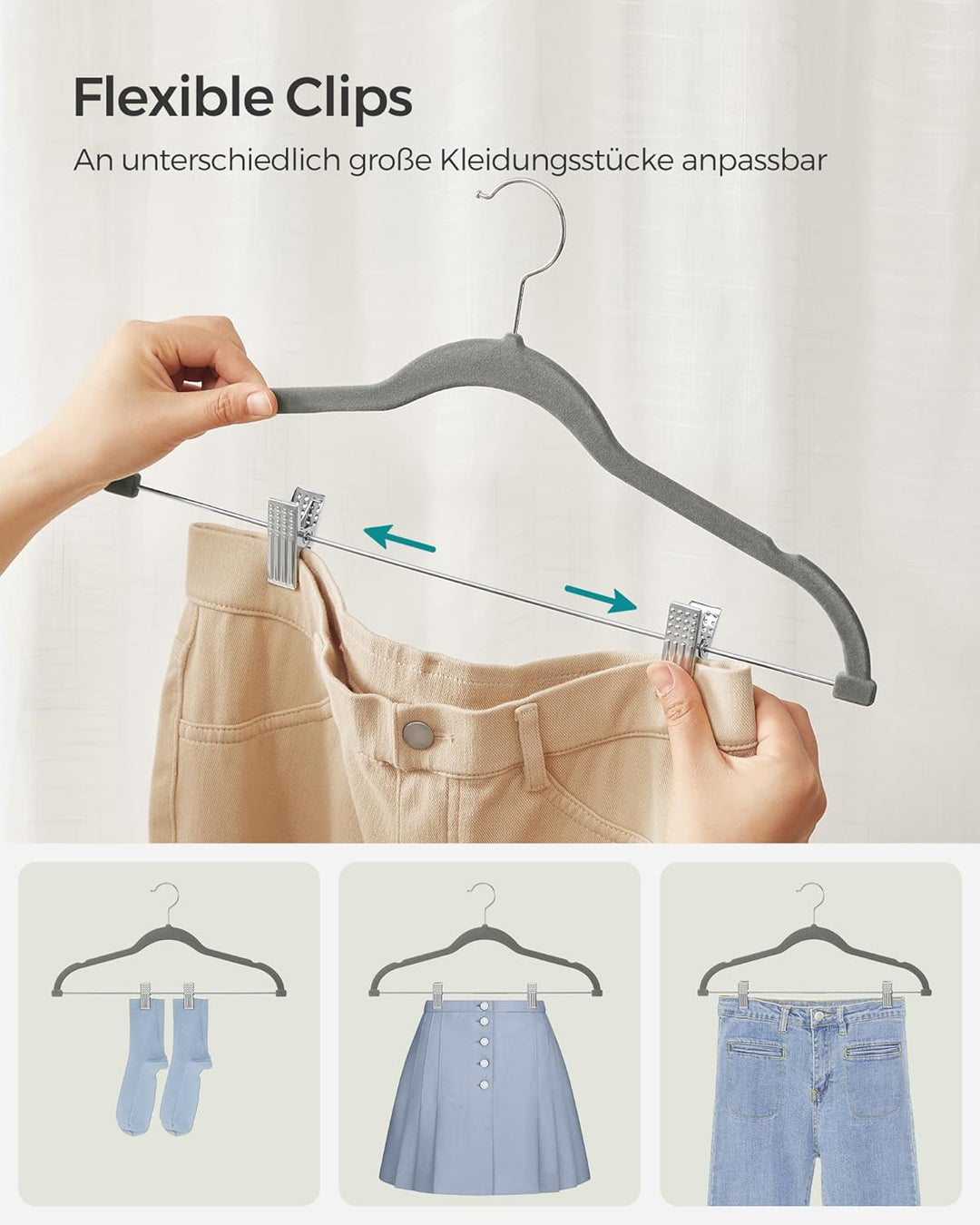 SONGMICS Kleiderbügel Samt, 10er Set, Rockbügel, 42,5 cm breit, mit verstellbaren Clips, rutschfest,