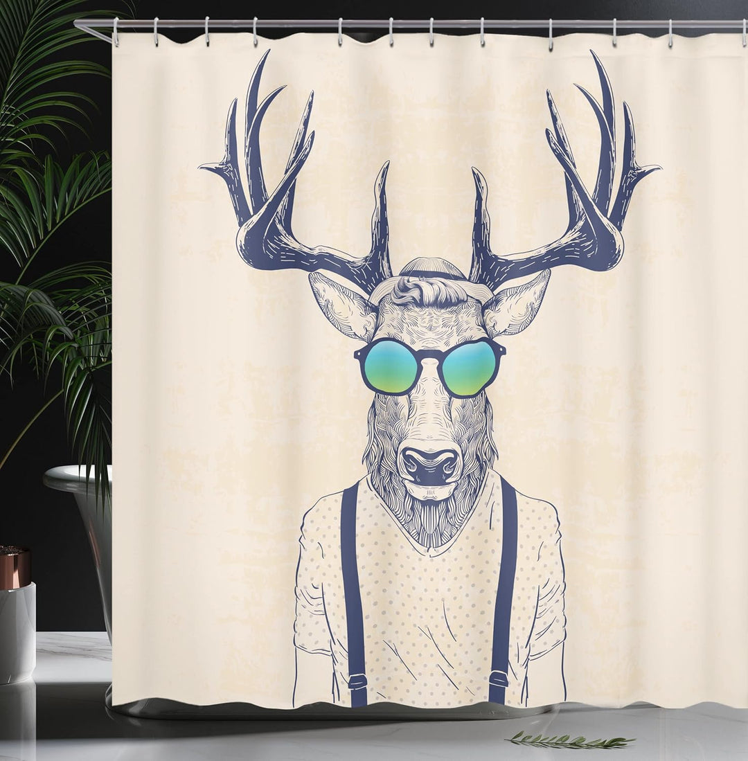 ABAKUHAUS Geweih Duschvorhang, Hipster Cool Fun Tier, Stoffliches Gewebe Badezimmerdekorationsset mi