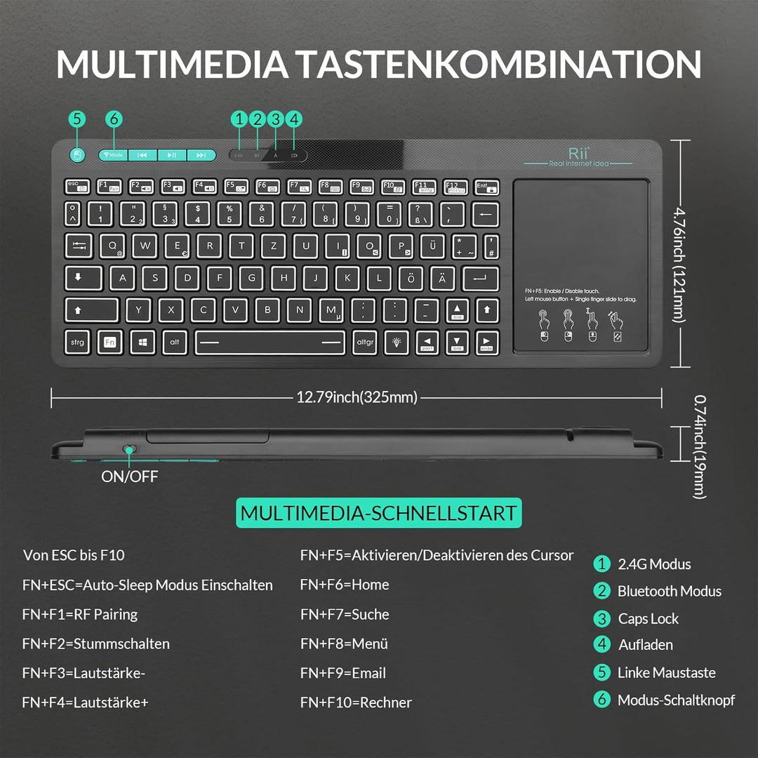 Rii Bluetooth Tastatur mit touchpad(Bluetooth 5.0 + 2.4G Wireless), Mini Tastatur Beleuchtet mit 2 L