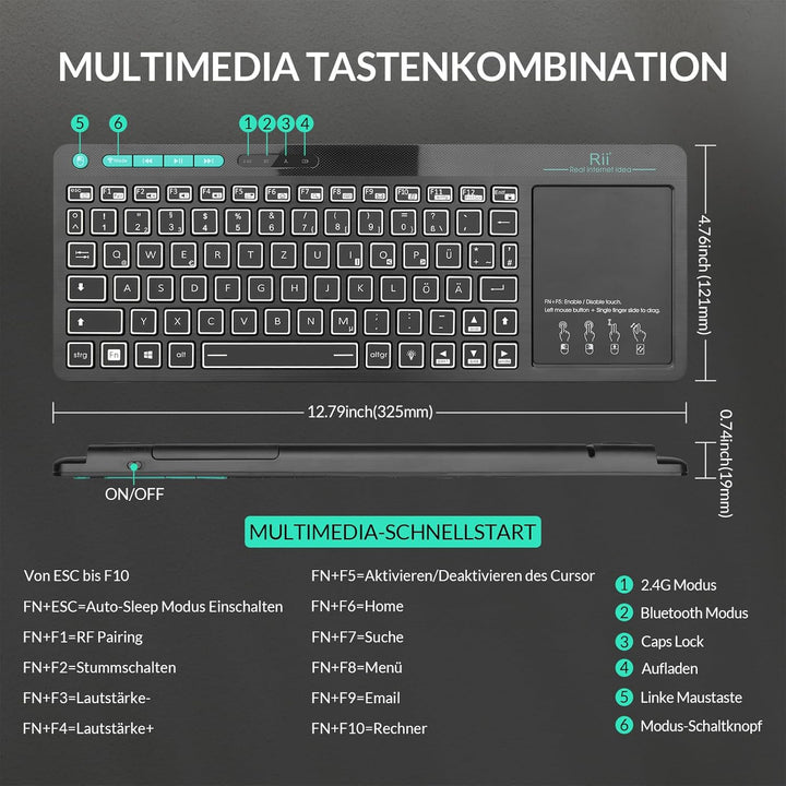 Rii Bluetooth Tastatur mit touchpad(Bluetooth 5.0 + 2.4G Wireless), Mini Tastatur Beleuchtet mit 2 L