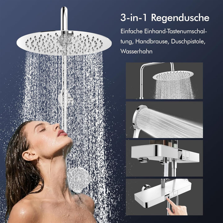 HOMELODY Duschsystem mit Thermostat und Glasablage, Duscharmatur Komplettset mit 30cm Kopfbrause, Hö