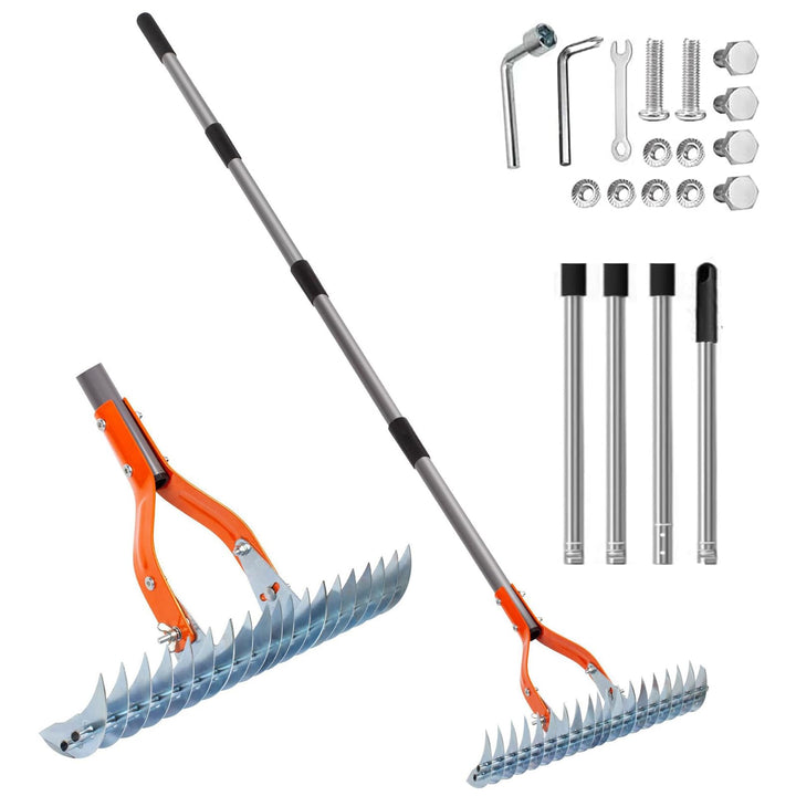 Vertikutierrechen 38 cm für Rasenflächen – Rasenrechen mit 19 Stahlzinken, Verstellbarer Griff bis 1
