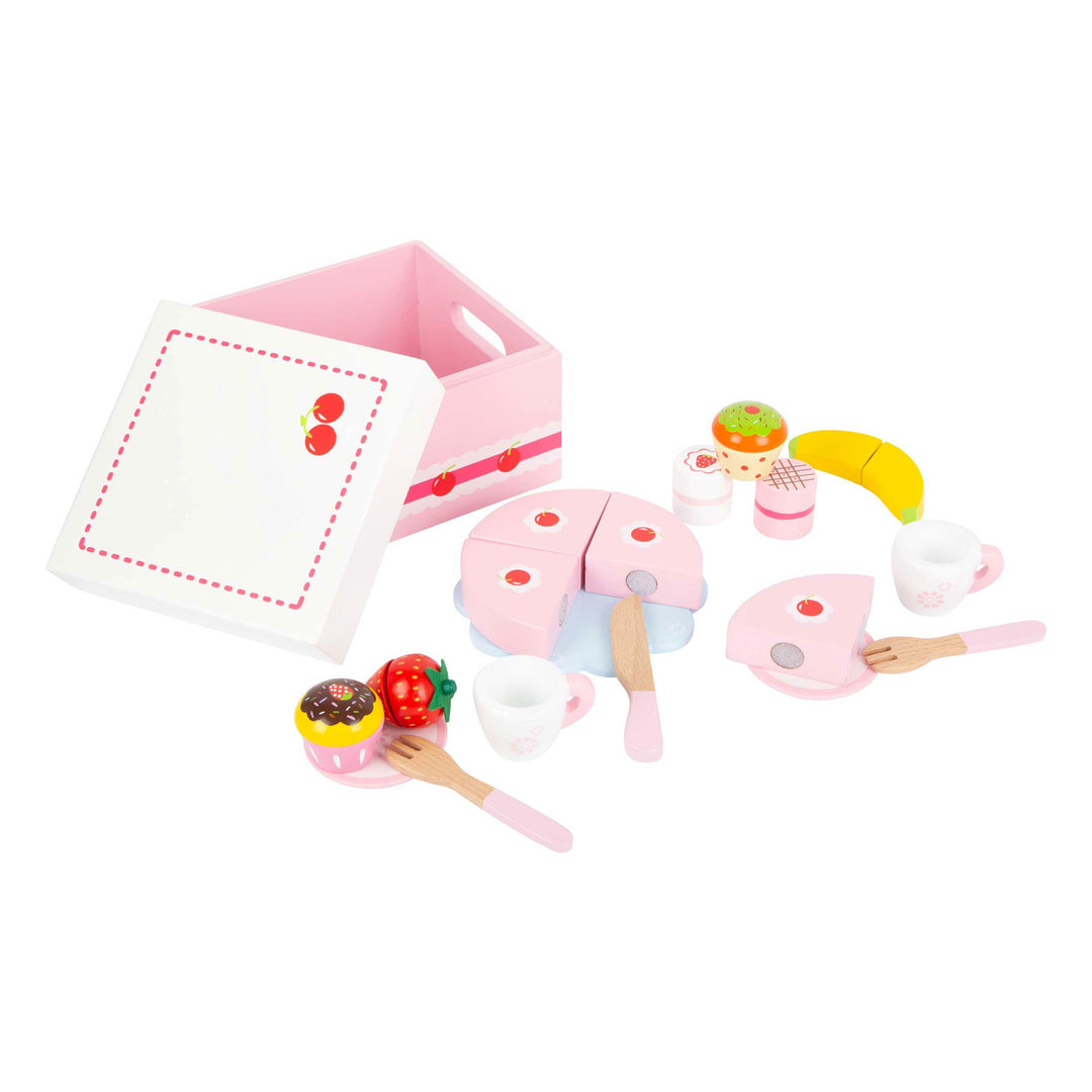 small foot 11796 Süssigkeitenkiste Spiel-Set, prall gefüllt, inklusive Zwei Tassen, Teller und Beste