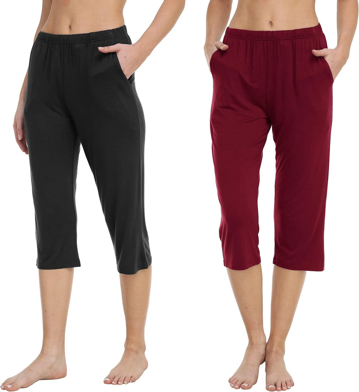 MoFiz Damen Schlafanzughose 3/4 Lang Schlafhose Modal Nachtwäsche Weich Pyjamahose Freizeithose mit