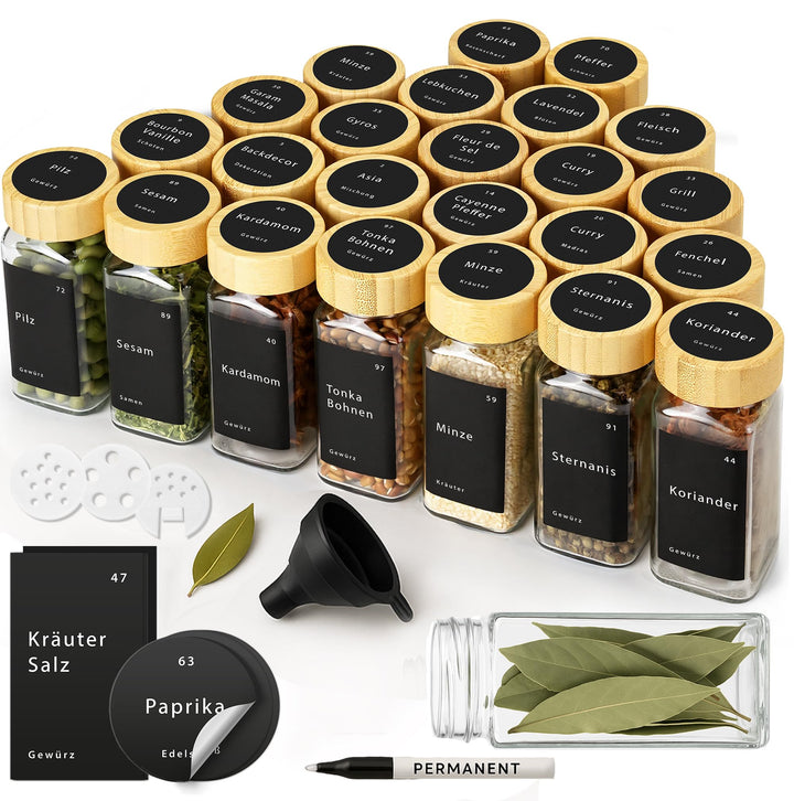 Gewürzgläser Set - 24 Gewürzgläser mit Etiketten und Bambusdeckeln - 120 ml Gläser mit Streueinsätze