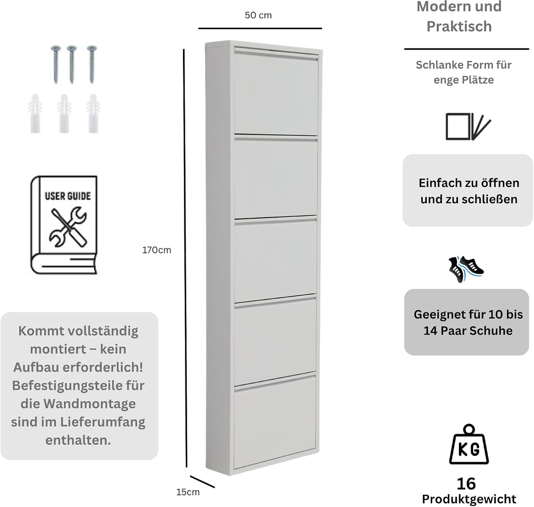 furni24 Schuhschrank, 5 Klappen, Metall, 10–14 Paar, wandmontierbar, vormontiert – Weiss 5 Klappen W