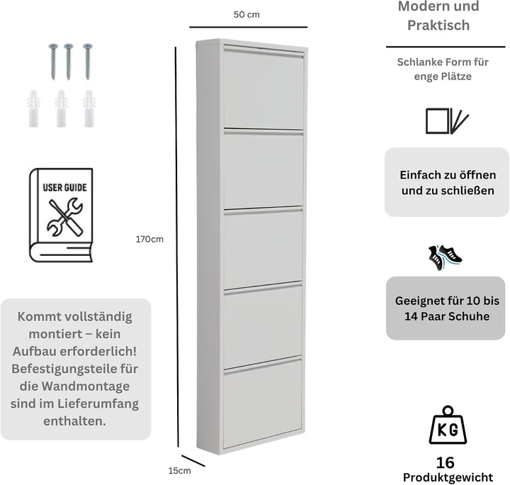 furni24 Schuhschrank, 5 Klappen, Metall, 10–14 Paar, wandmontierbar, vormontiert – Weiss 5 Klappen W