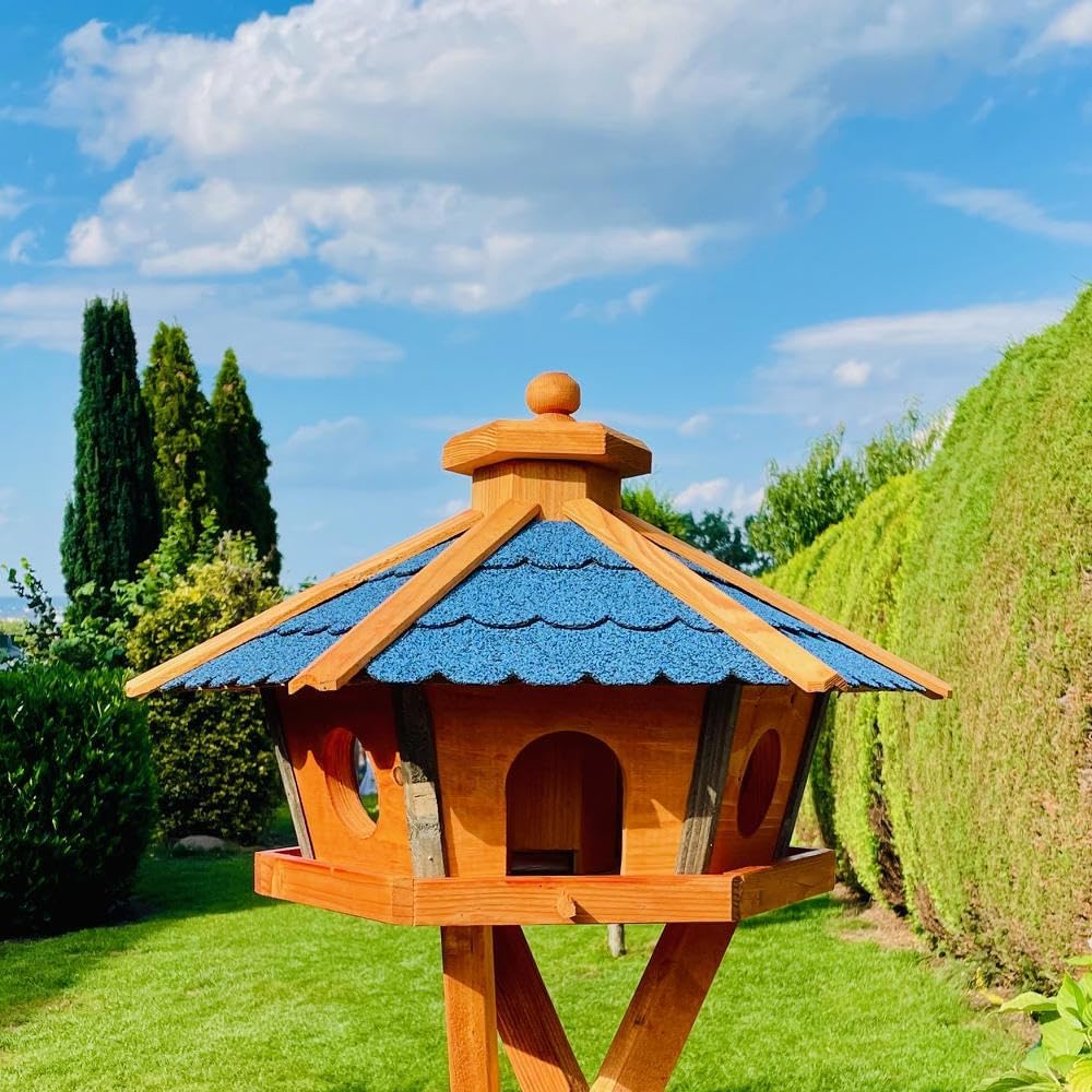 Vogel Futter Haus L oder XL Sechseck Holz Vogelhaus Futterstelle Braun/Blau, Rot, Schwarz und Grün (