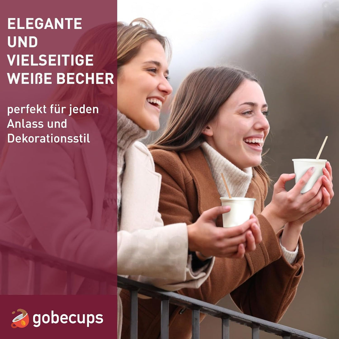 100 Weisse Einwegbecher aus Pappe, 240 ml / 8 oz, für Kaffee mit Holzrührstäbchen, robust, auslaufsi