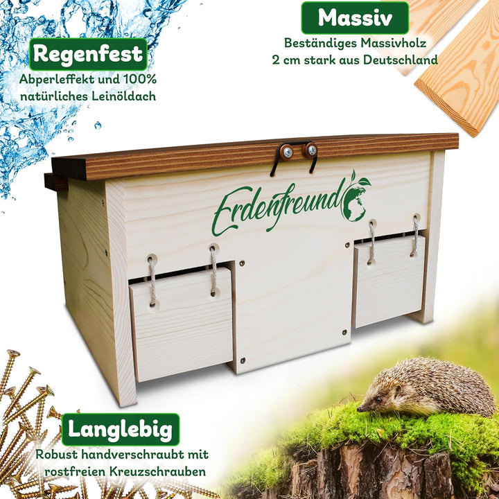 ERDENFREUND® Igelfutterhaus mit Rattenklappe + 2er Set Wasser- & Futternapf Igelhaus mit Rattenklapp