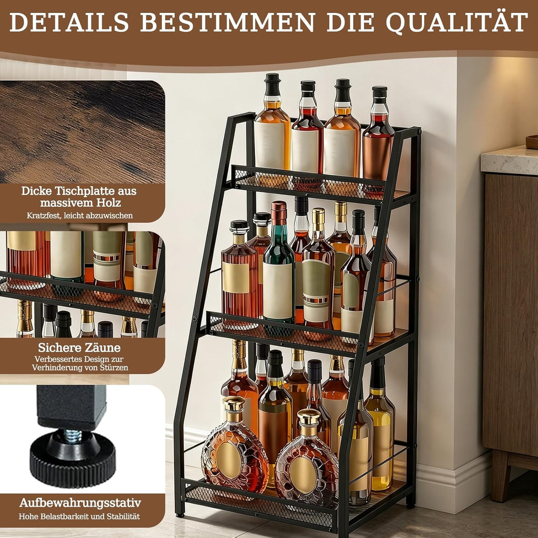 3-Tier Abgestufte Liquor Cabinet Mini Bar, Freistehendes Weinregal mit Geländer, Metall-Holz Flasche
