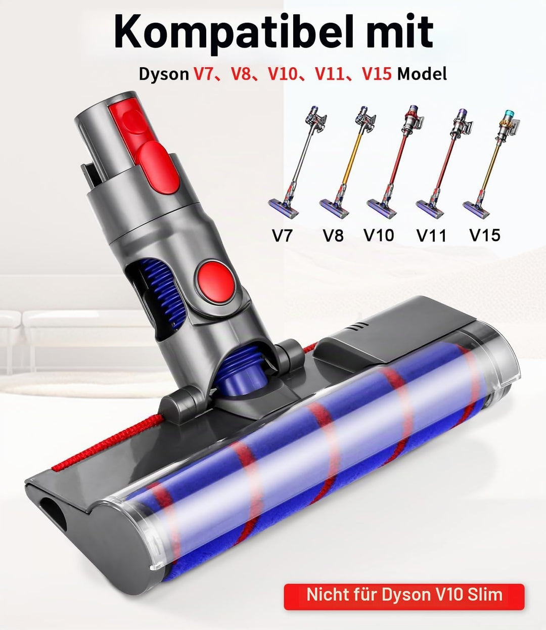 Elektrische Bürste kompatibel für Dyson V7, V8, V10, V11, V15, Zubehör Bodenbürste mit Direktantrieb