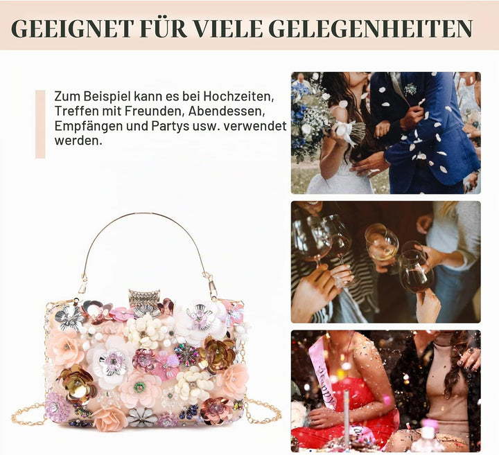 Fecialy Blumen-Clutch-Abendtaschen für Damen mit bunten Blumen-Metall-Strasssteinen Abend-Clutch-Gel