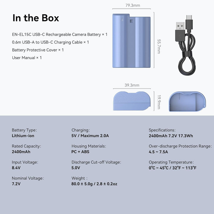 SMALLRIG Battery EN-EL15C 2400mAh Kamera Akku für Nikon Zf / Z8 / Z7 / Z6, wiederaufladbarer USB-C S