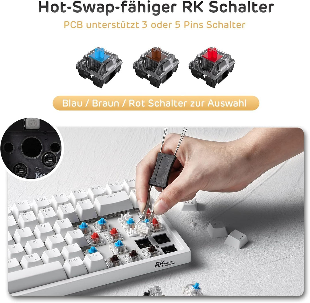 RK ROYAL KLUDGE RK84-DE 75% Gaming-Tastatur, 85 Tasten Kompakte TKL , Bluetooth Mechanische , Roter