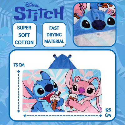 Disney Stitch Kapuzenhandtuch, Angel-Poncho, 100% Baumwolle, Strandtuch für Kinder, Badetuch, Badetu