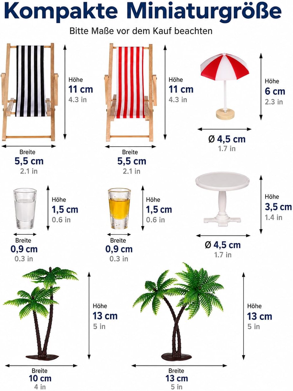 Hemobllo 9 Stück Miniatur Strand Deko Set, Mini Liegestuhl Palme Sonnenschirm Zubehör für DIY Sommer
