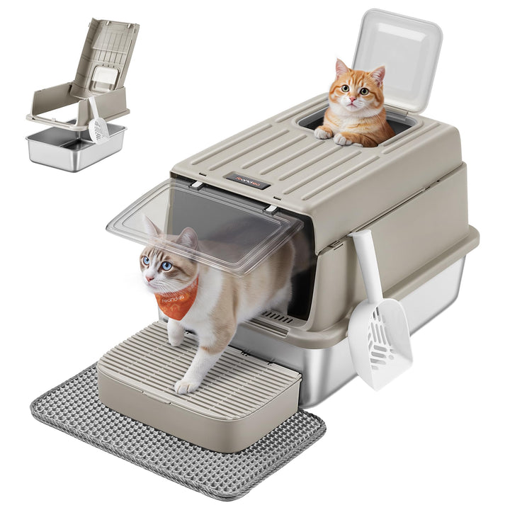 Feandrea Katzenklo Edelstahl, Katzentoilette mit Deckel, mit Schaufel, Katzenstreumatte und 2 Eingän