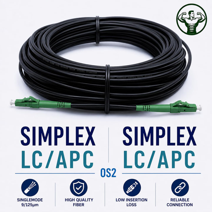 Elfcam® - 50m Gepanzerte Glasfaserkabel LC/APC auf LC/APC Stecker, Simple Singlemode 9/125μm OS2 Pat