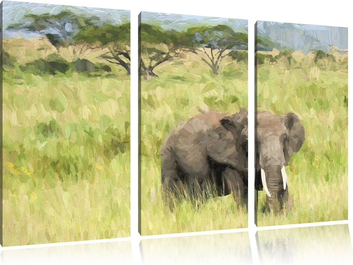 gigantischer Elefant in der Savanne NewArt 3-Teiler Leinwandbild 120x80 Bild auf Leinwand, XXL riesi