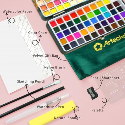Artecho Aquarellfarben Set 100 Farben in Tragbarer Box mit Aquarellpapier A4 300g 40 Blatt mit Aquar