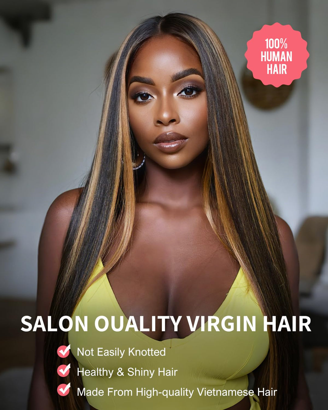Tunfine Highlight Ombre Human Hair Straight Wig for Women 13x4 Lace Front Wig with Pre-Plucked Hairl
