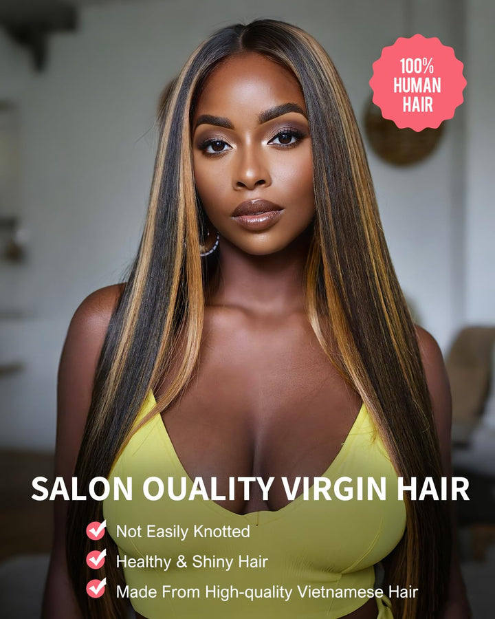 Tunfine Highlight Ombre Human Hair Straight Wig for Women 13x4 Lace Front Wig with Pre-Plucked Hairl