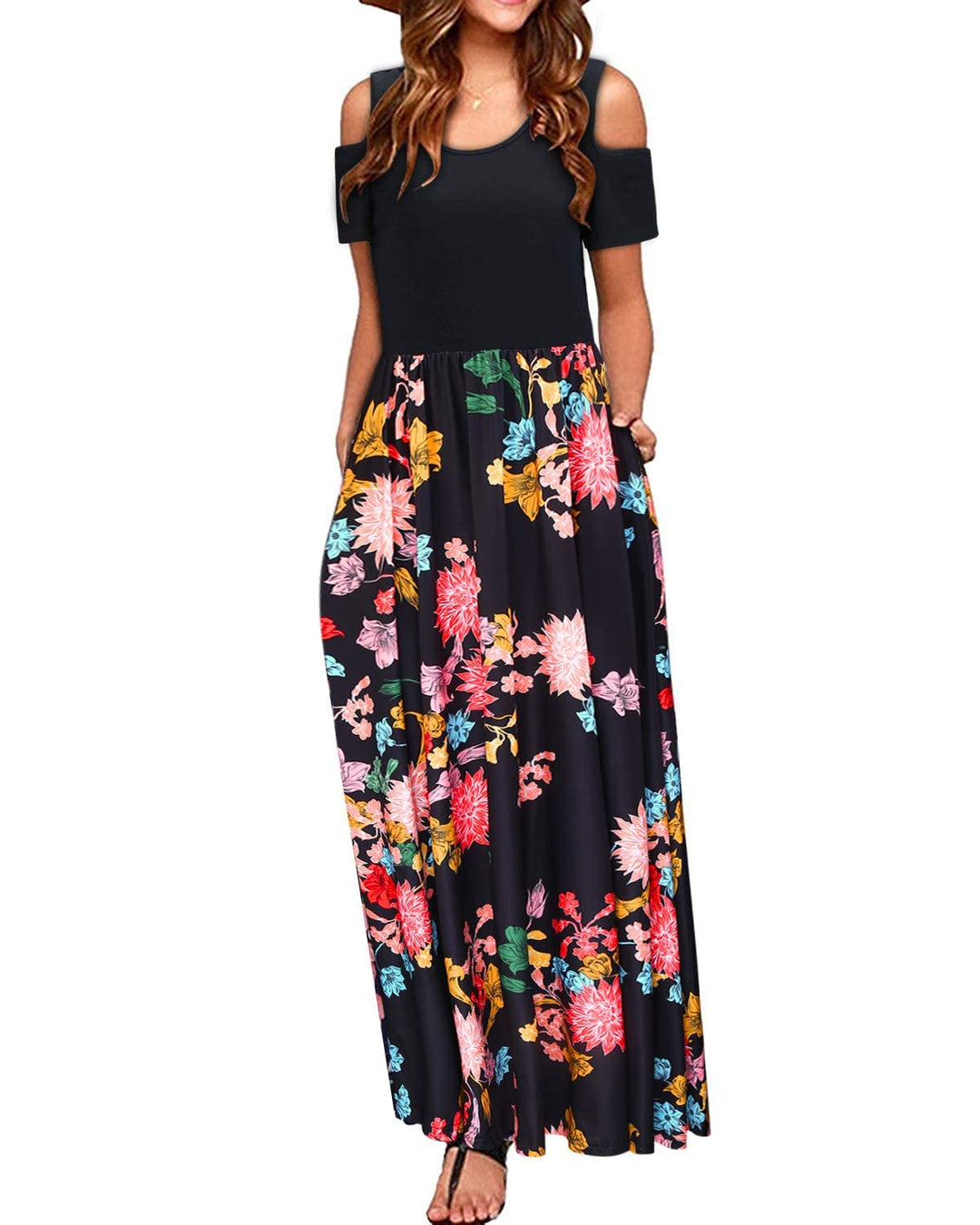 STYLEWORD Sommerkleid Damen Lang Maxikleid Sommer Elegant Freizeitkleid Kurzarm Kleider mit Taschen